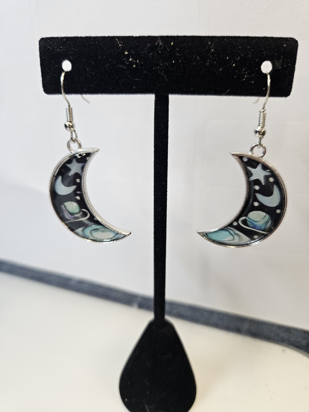 Silver Moon Drop Earrings with Black and Teal Inlay
